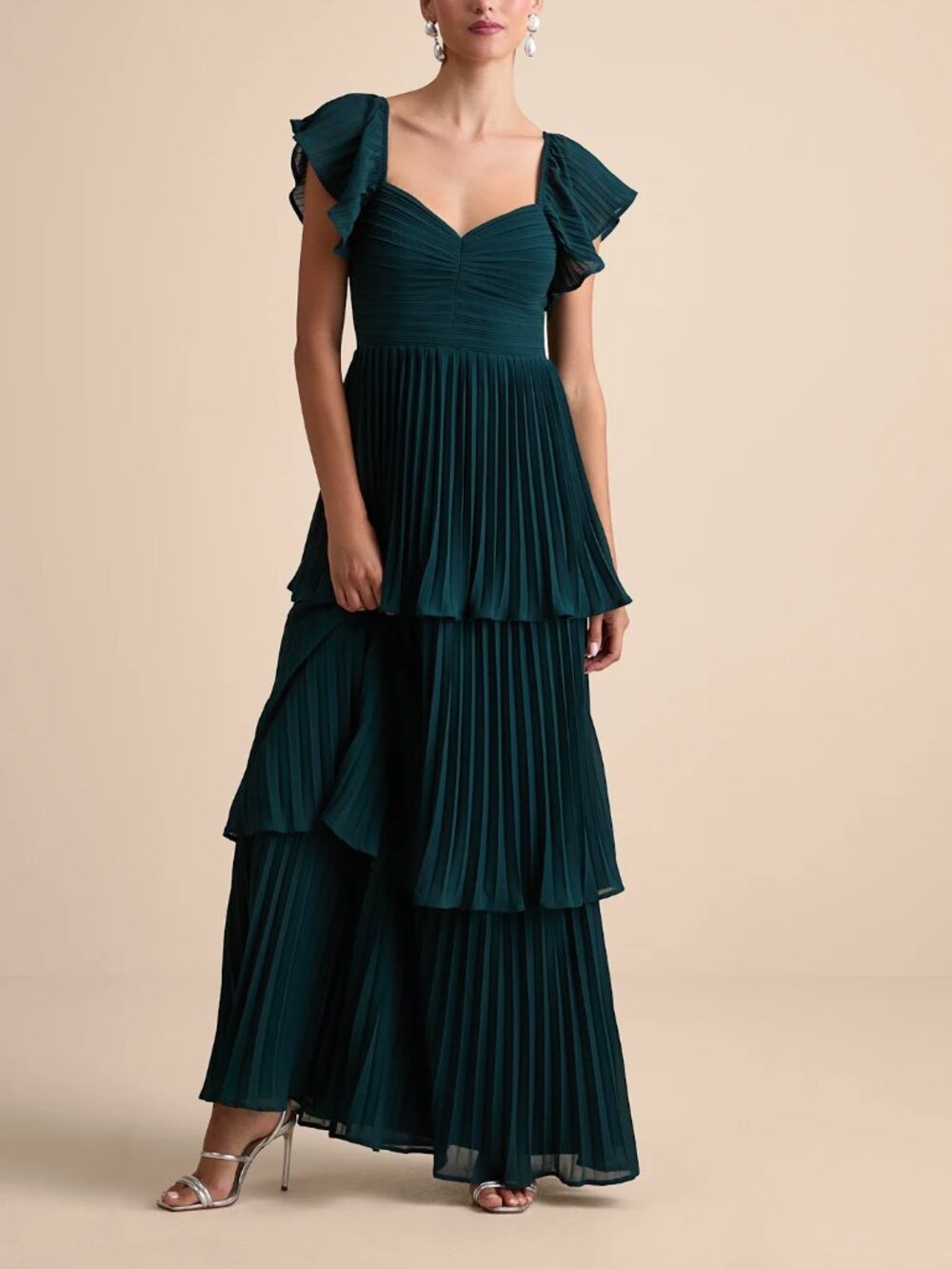 Notorious Charm Emerald Pleated Flutter Sleeve Maxi Dress